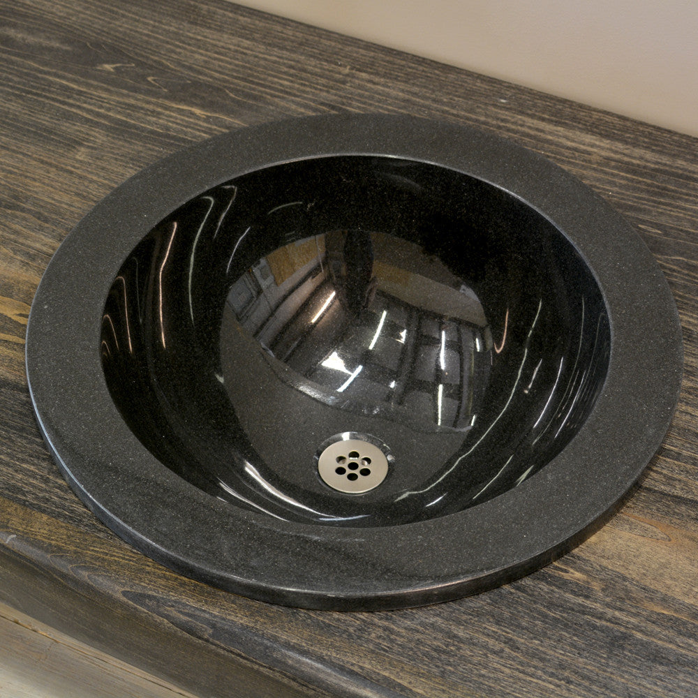 black granite self-rimming sink from above