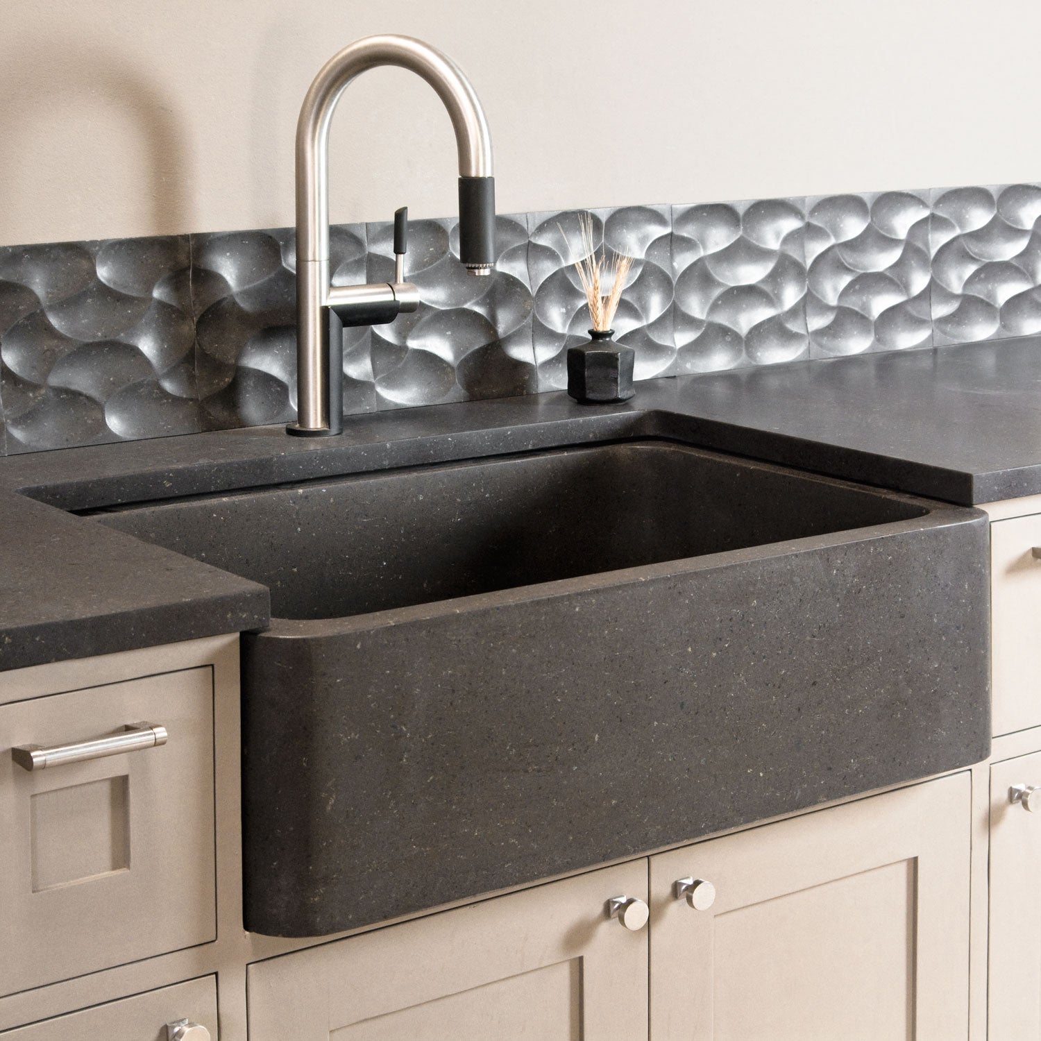 polished front farmhouse sink in noce basalt