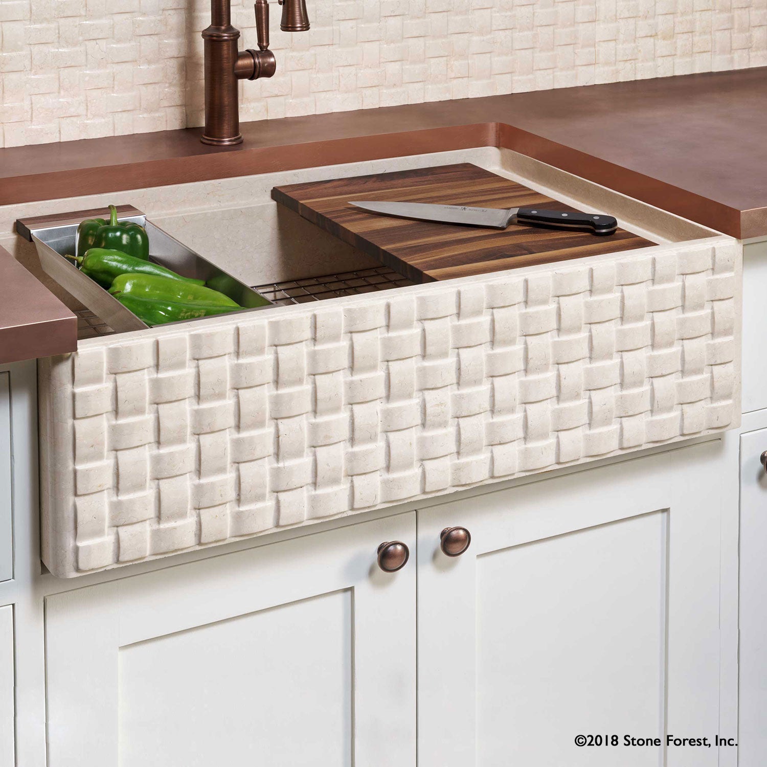 Workstation Farmhouse Kitchen Sinks with basketweave carving on the apron