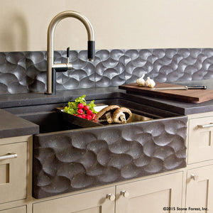 Wave Farmsink with workstation ledge to hold colanders, cutting boards and more. Carved from solid block of basalt. image 1 of 1