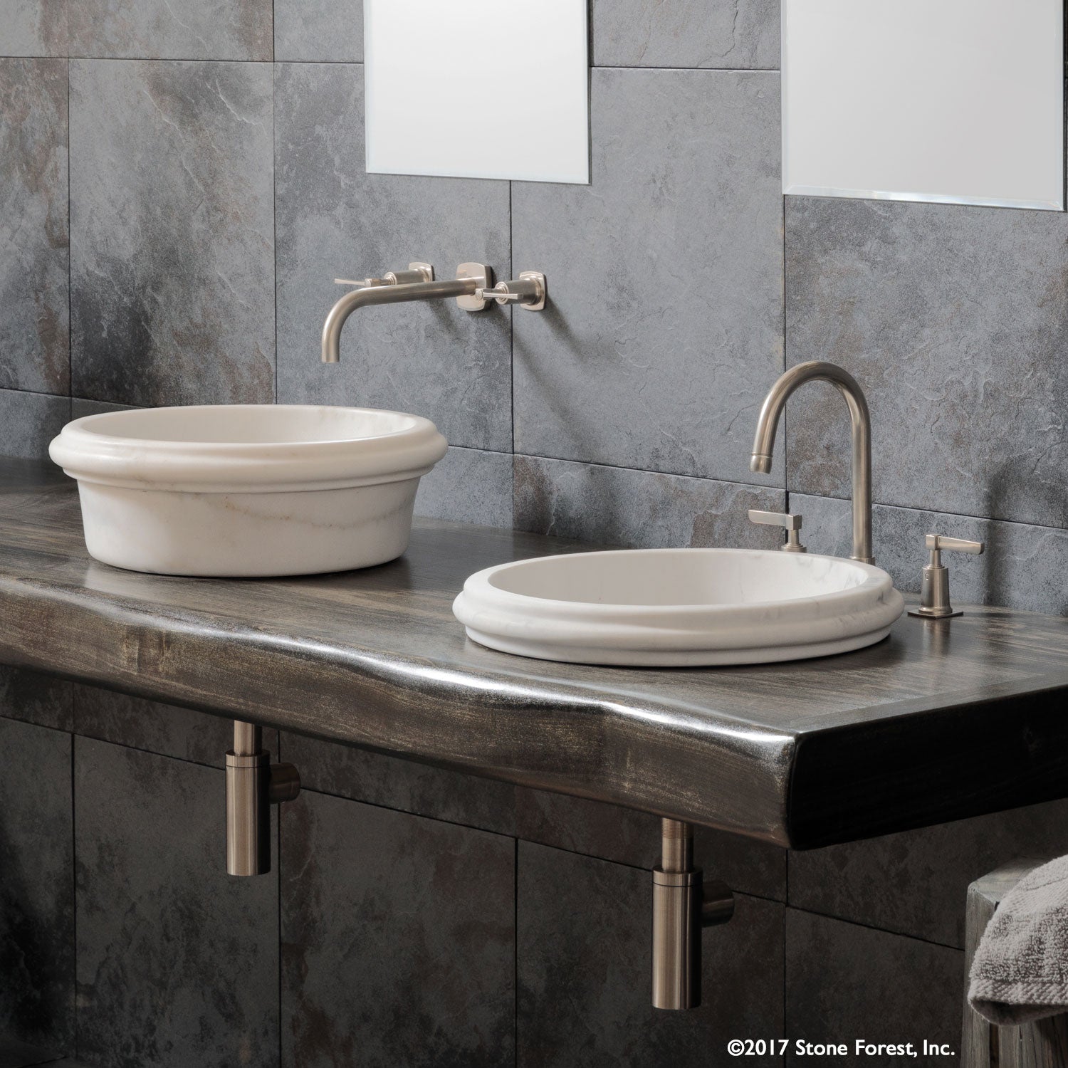 Cern Vessel bath sink installed above counter or semi-recessed in Luna Bianca marble
