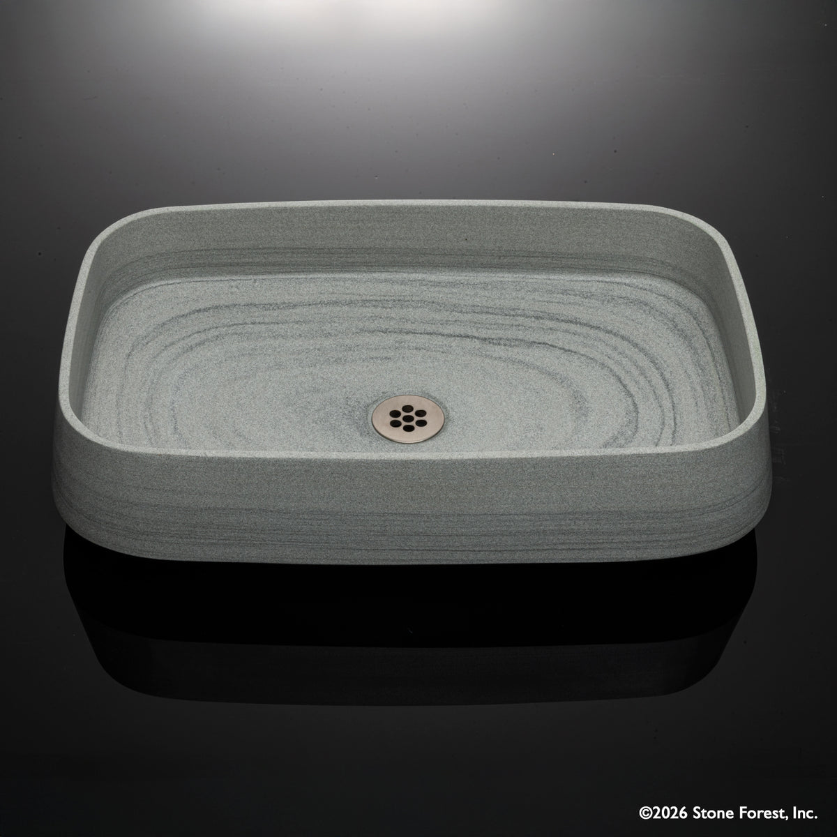 Rectangular gray vessel sink carved from grigio sandstone high angle shot image 3 of 4