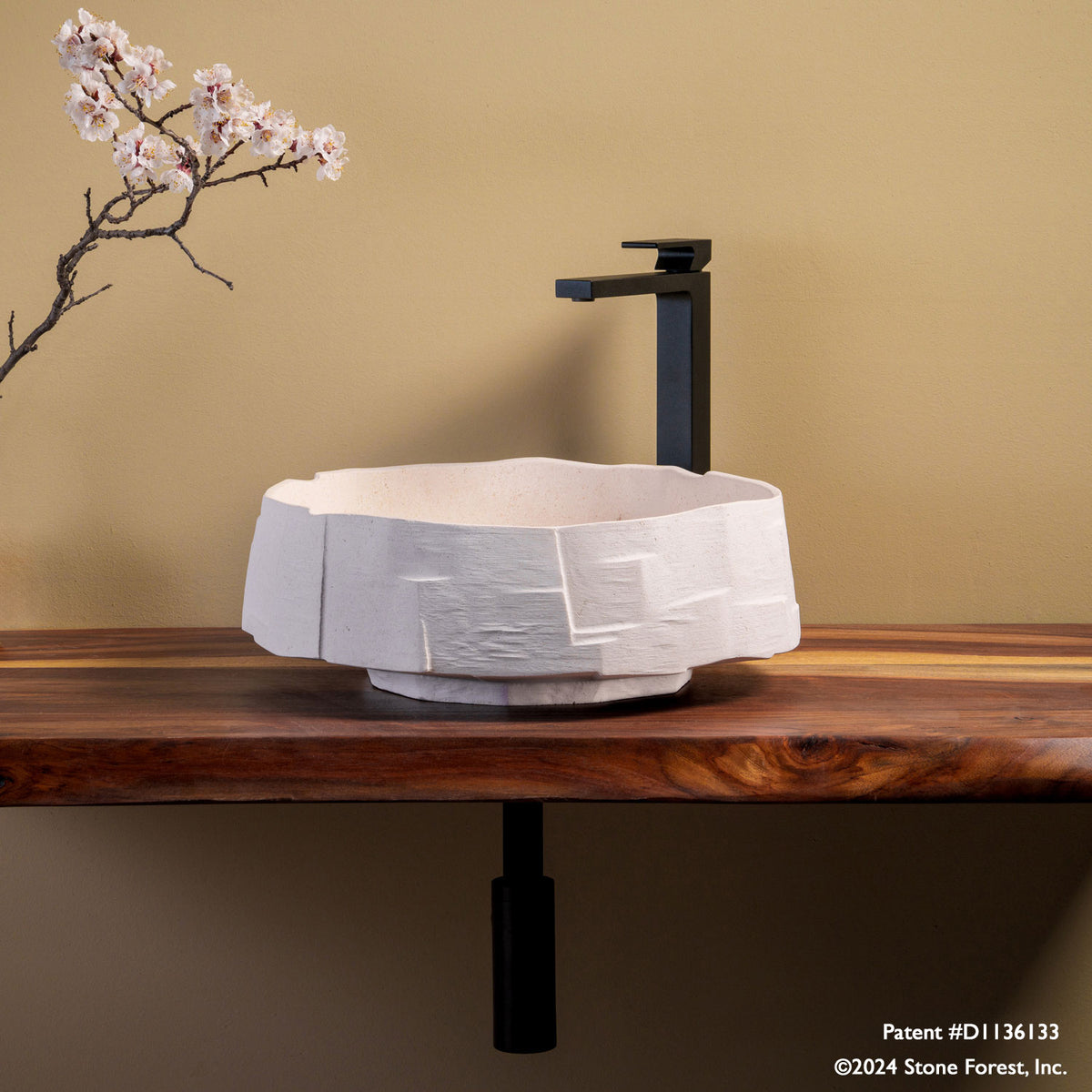 Desert cream limestone Edo vessel sink on wood countertop. image 1 of 2