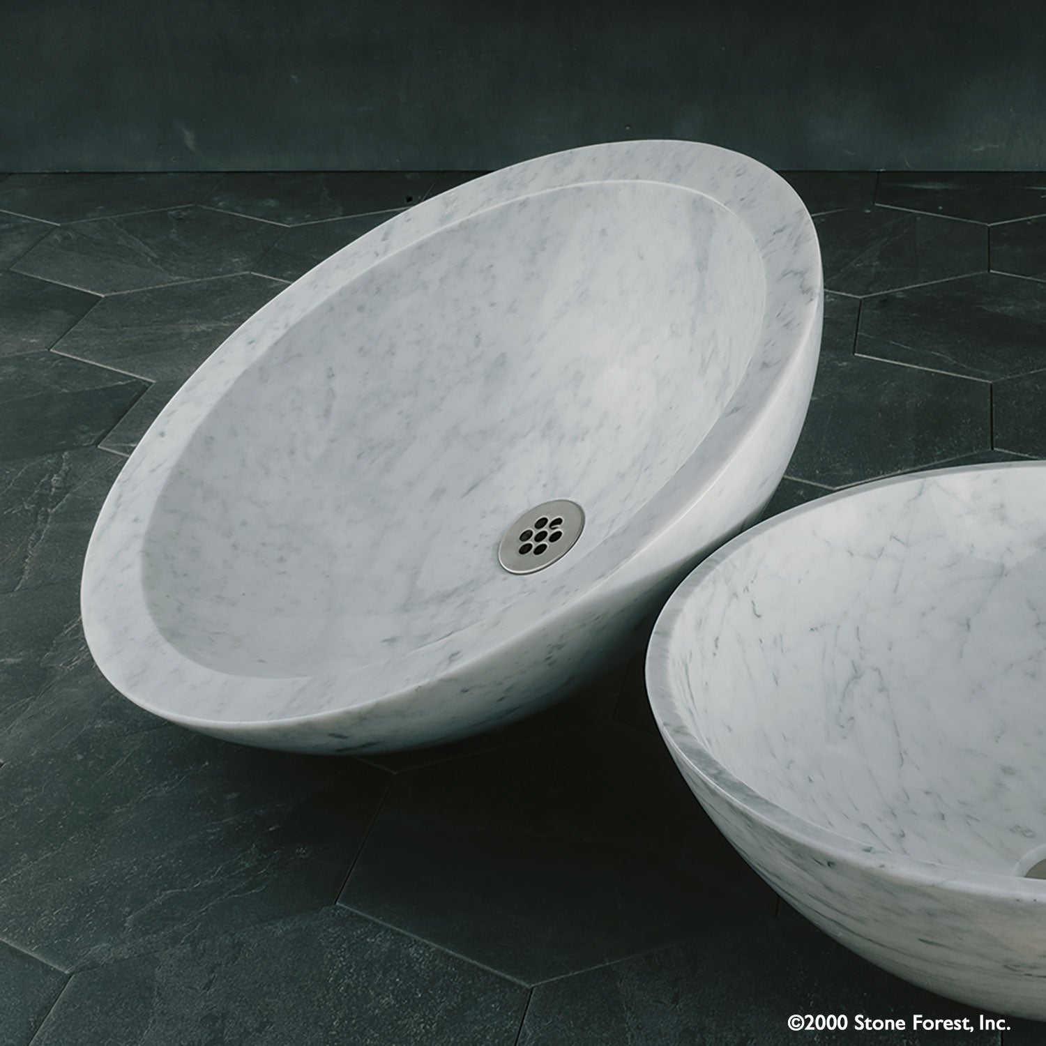  Beveled Round vessel sink carved  from carrara marble with a polished  finish.