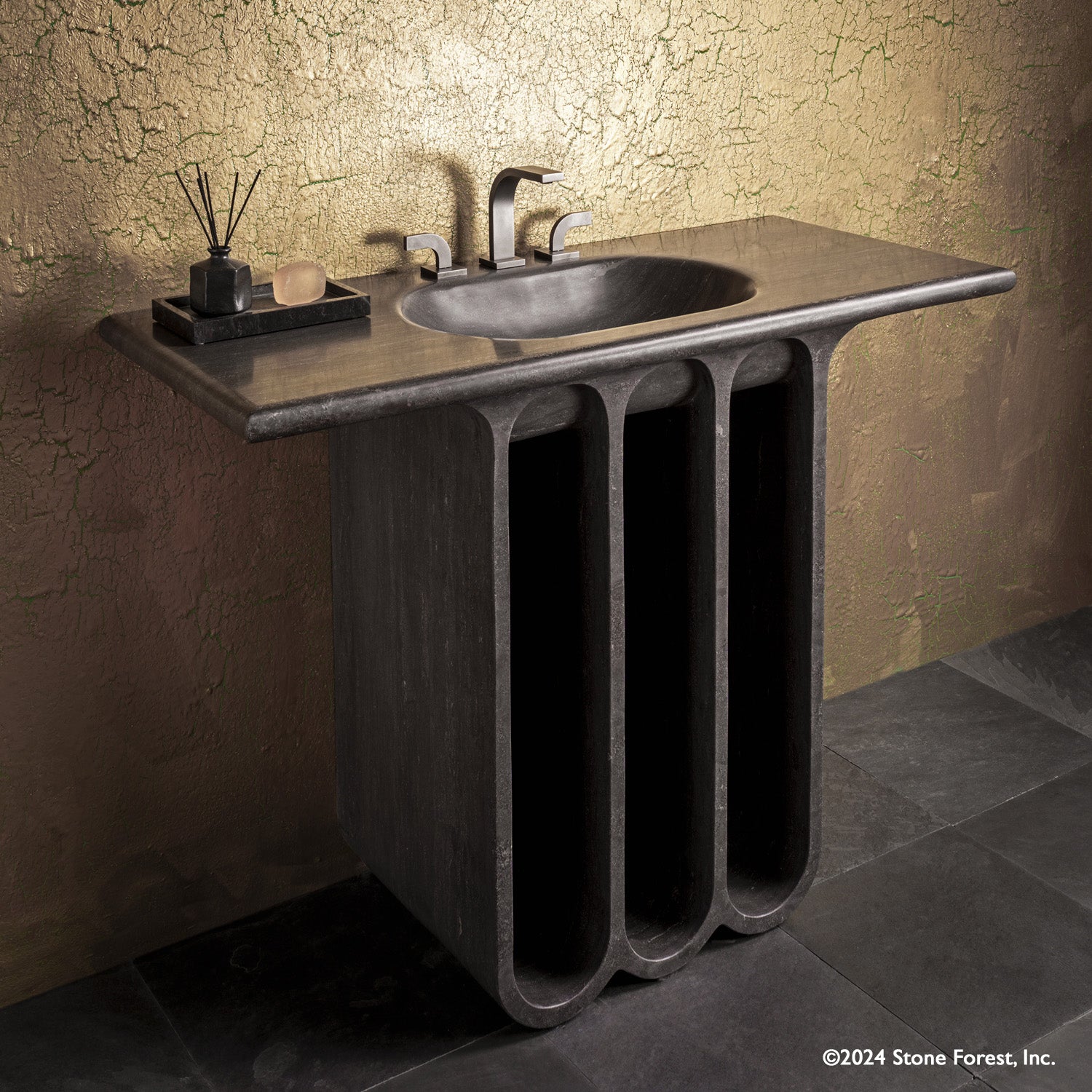 Portico Pedestal Bath Sink carved from antique gray limestone