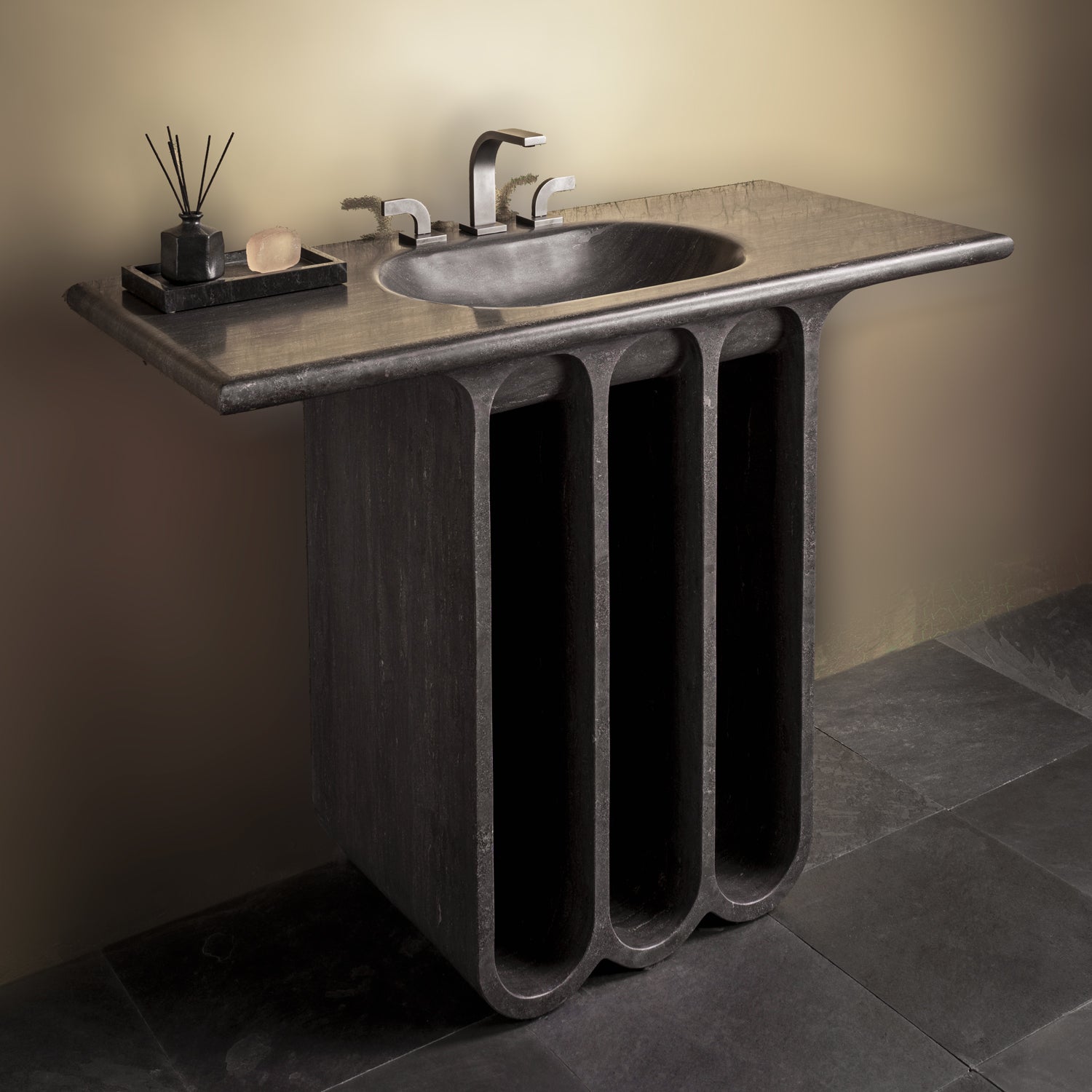Portico Bath Console in antique gray limestone