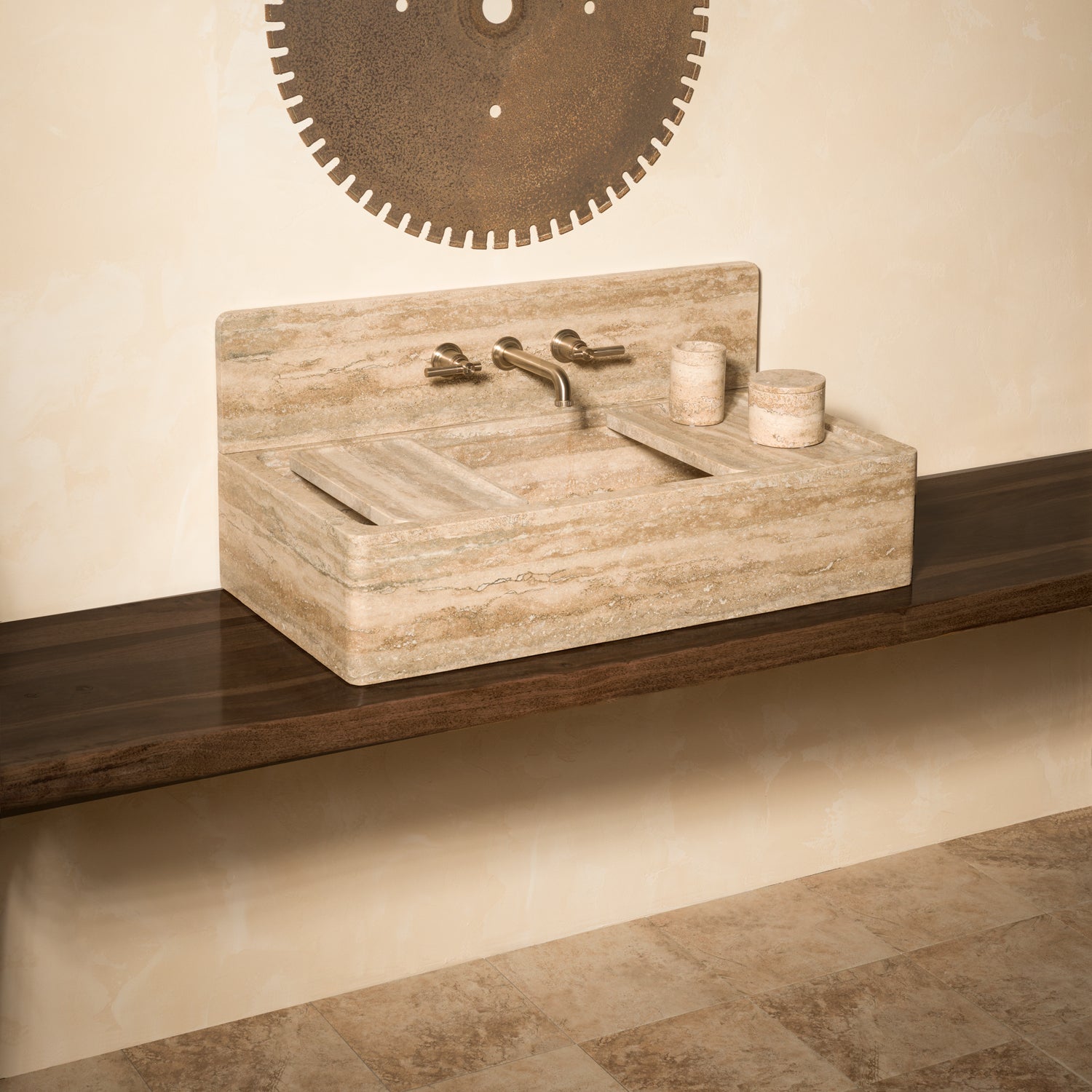 Italian  Solver Cream Travertine modular sink  with backsplash and accessories