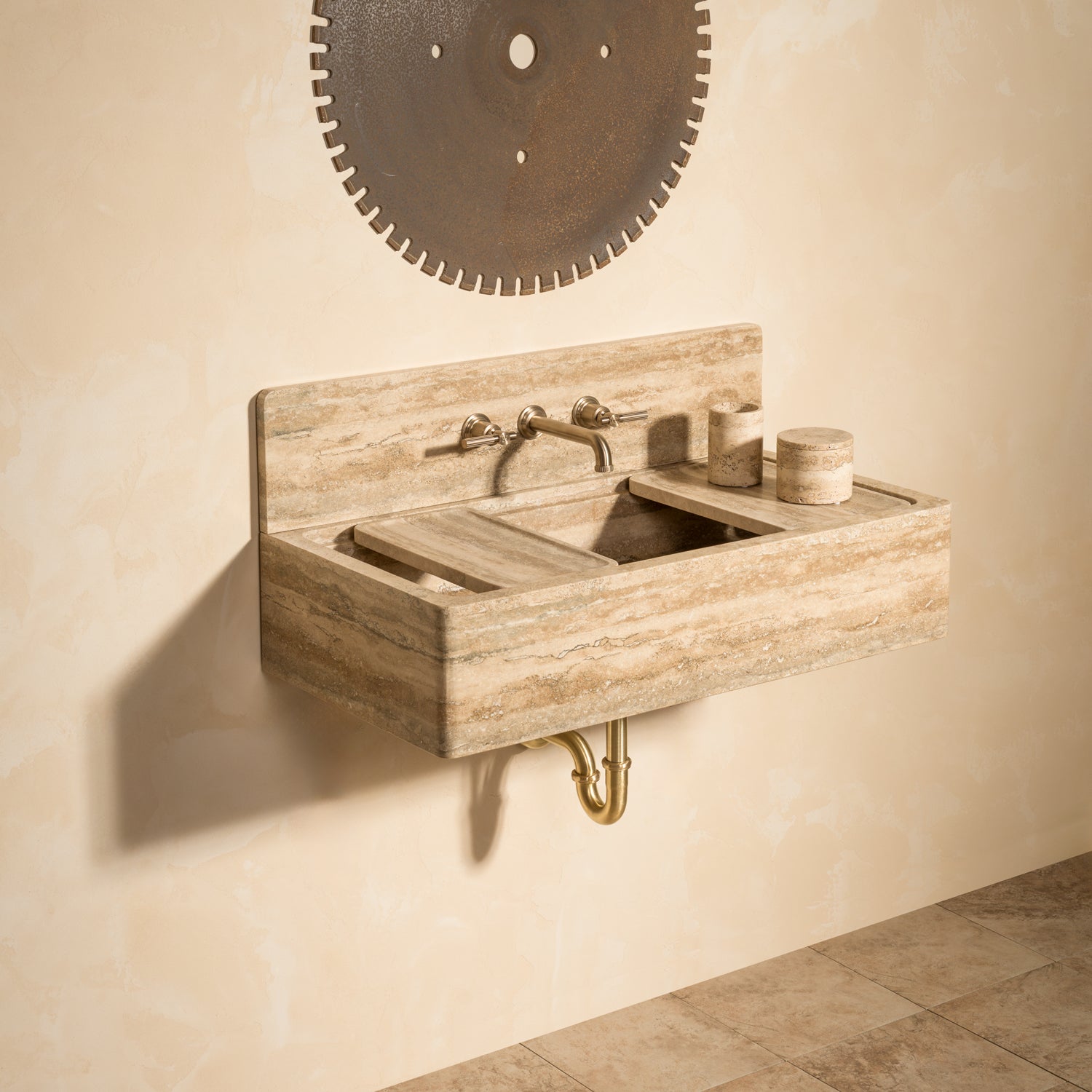 Italian  Solver Cream Travertine modular sink  with backsplash and accessories