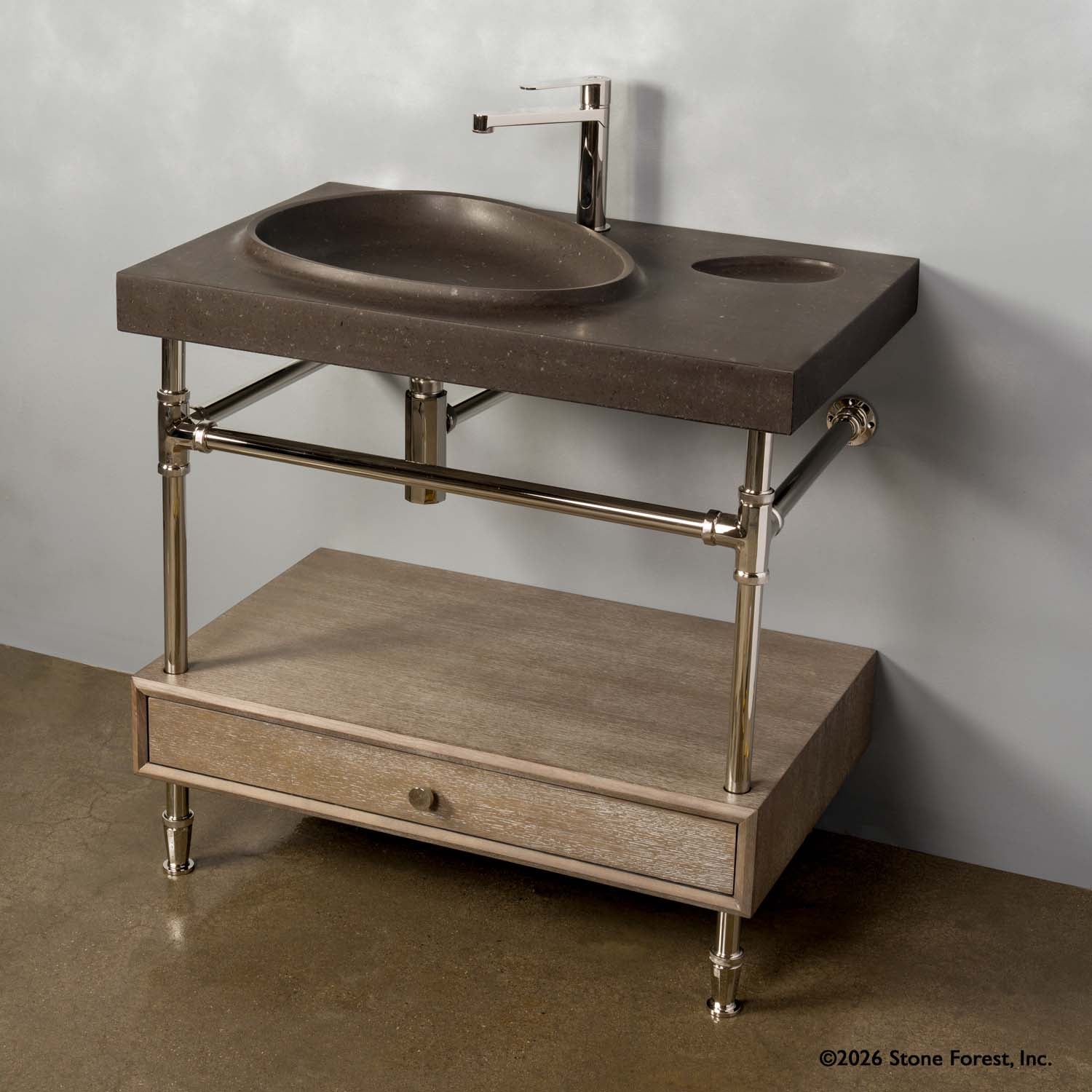 Tidal Pool Vanity Sink on Elemental Classic Legs with a crossbar and 6"h drawer. Carved from noce basalt