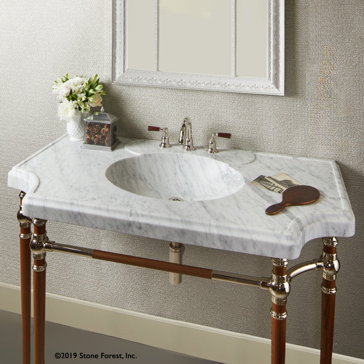 Bayonne Console Top Italian Carrara Marble on tapered walnut legs with polished nickel fittings