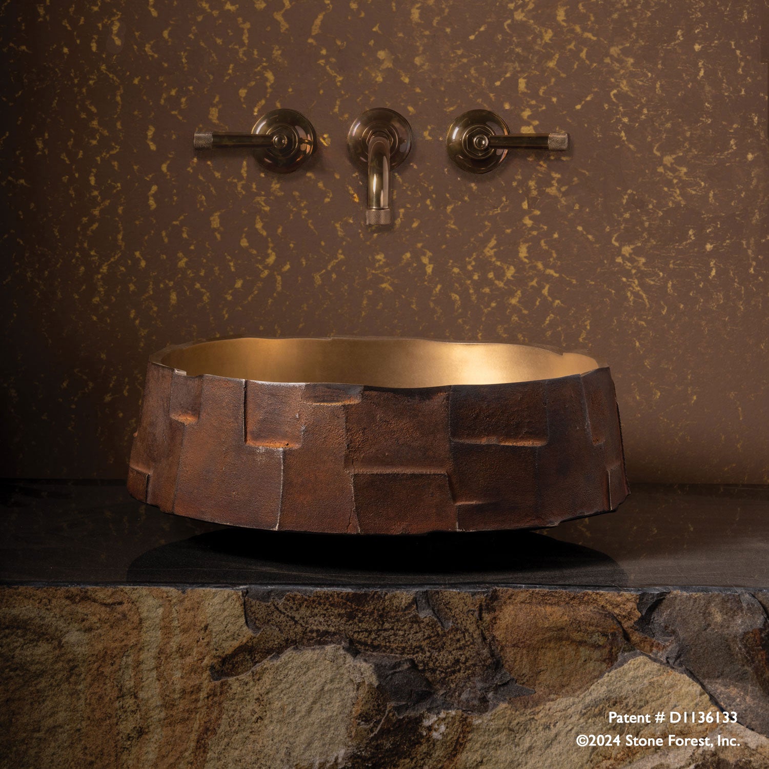 Edo Vessel Sink in Golden Bronze on stone countertop