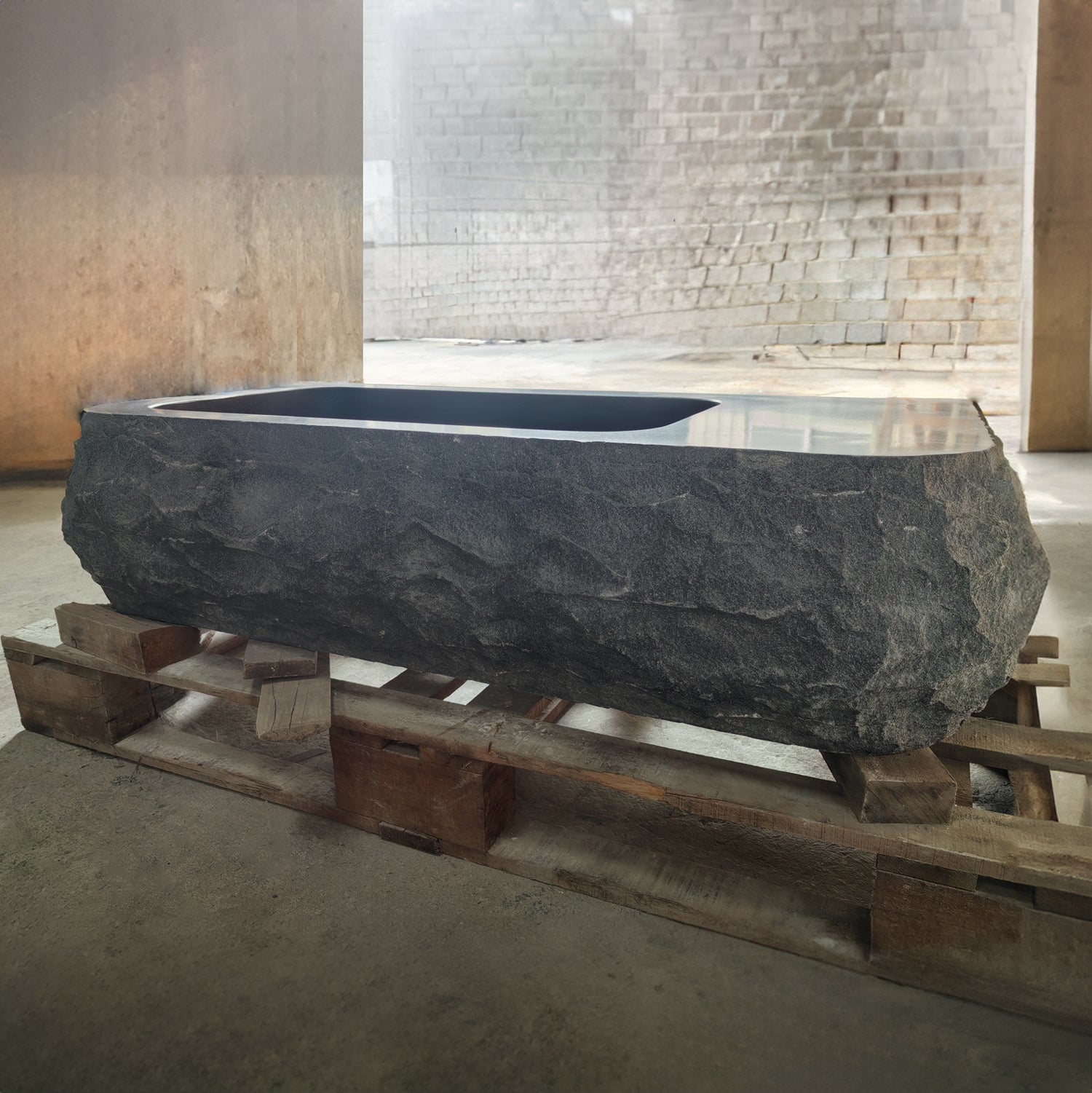 Custom Black granite Vanity sink with rough chiseled front and sides
