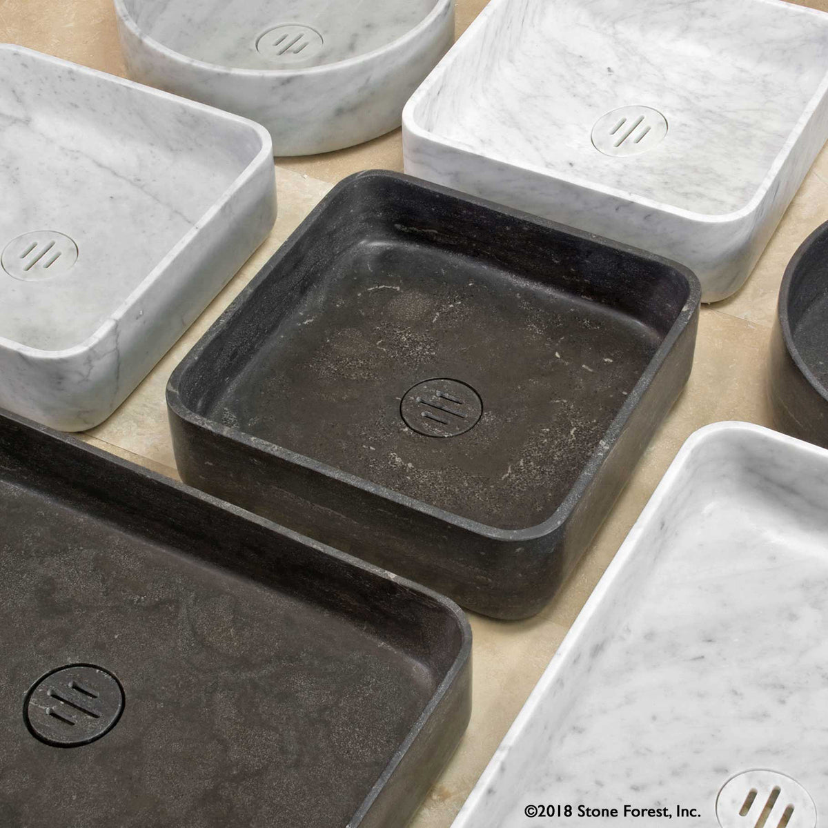 Contour Vessel Sinks. Bath sinks shown is square, round and rectangular shapes carved from carrara marble or antique gray limestone image 3 of 3