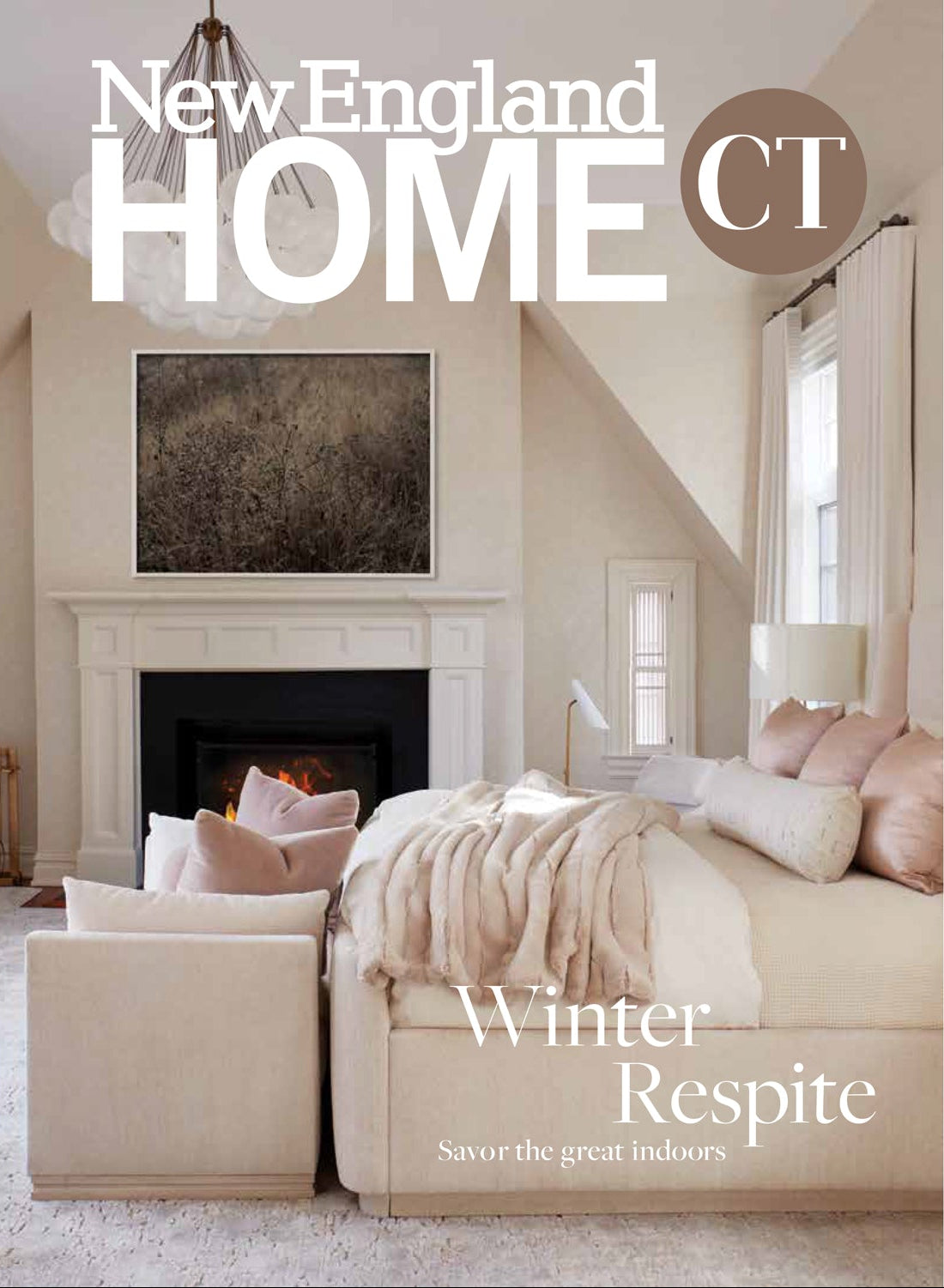 Living room with fireplace and sofa, featuring 'New England Home CT' magazine cover.