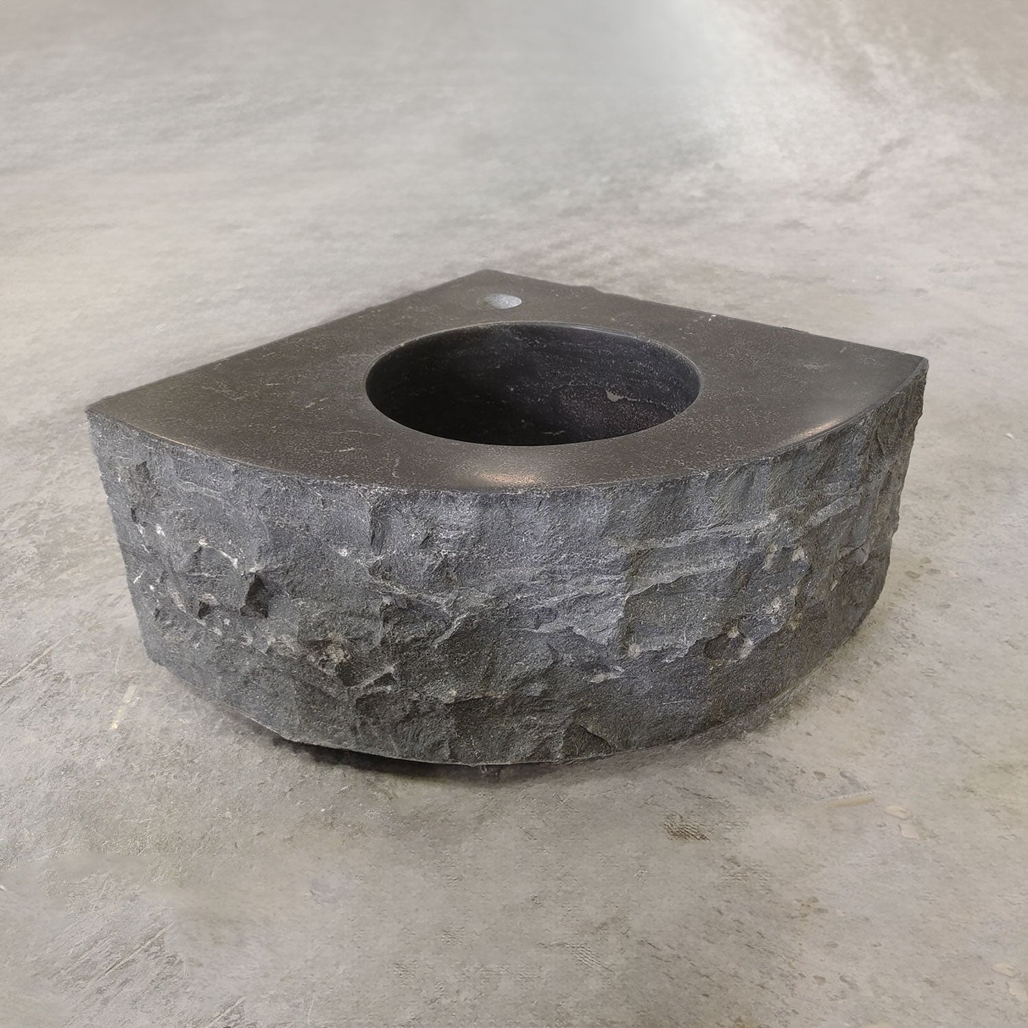 Custom Corner Vanity in honed Antique Gray Limestone