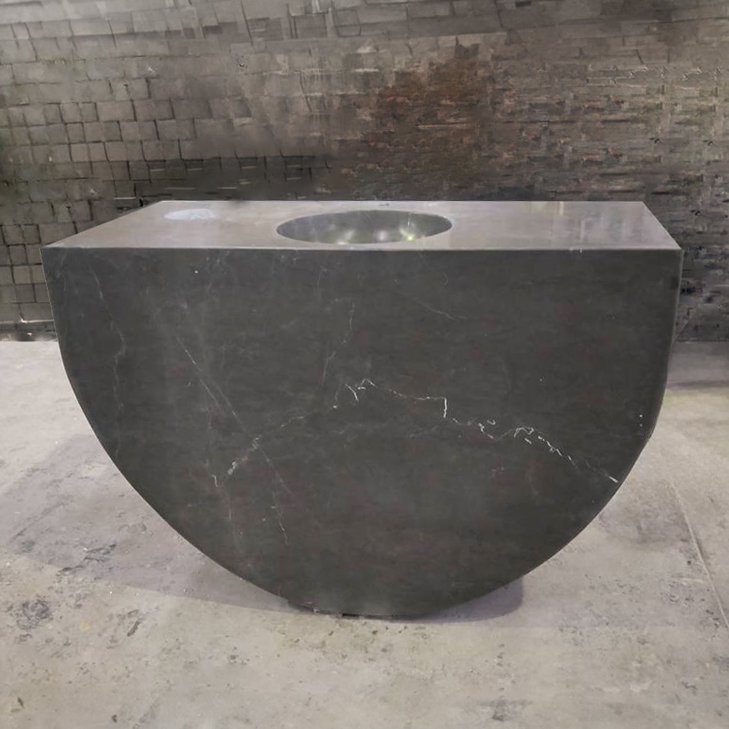 Custom Pedestal Sink in Marquina Taupe marble with integral oval sink