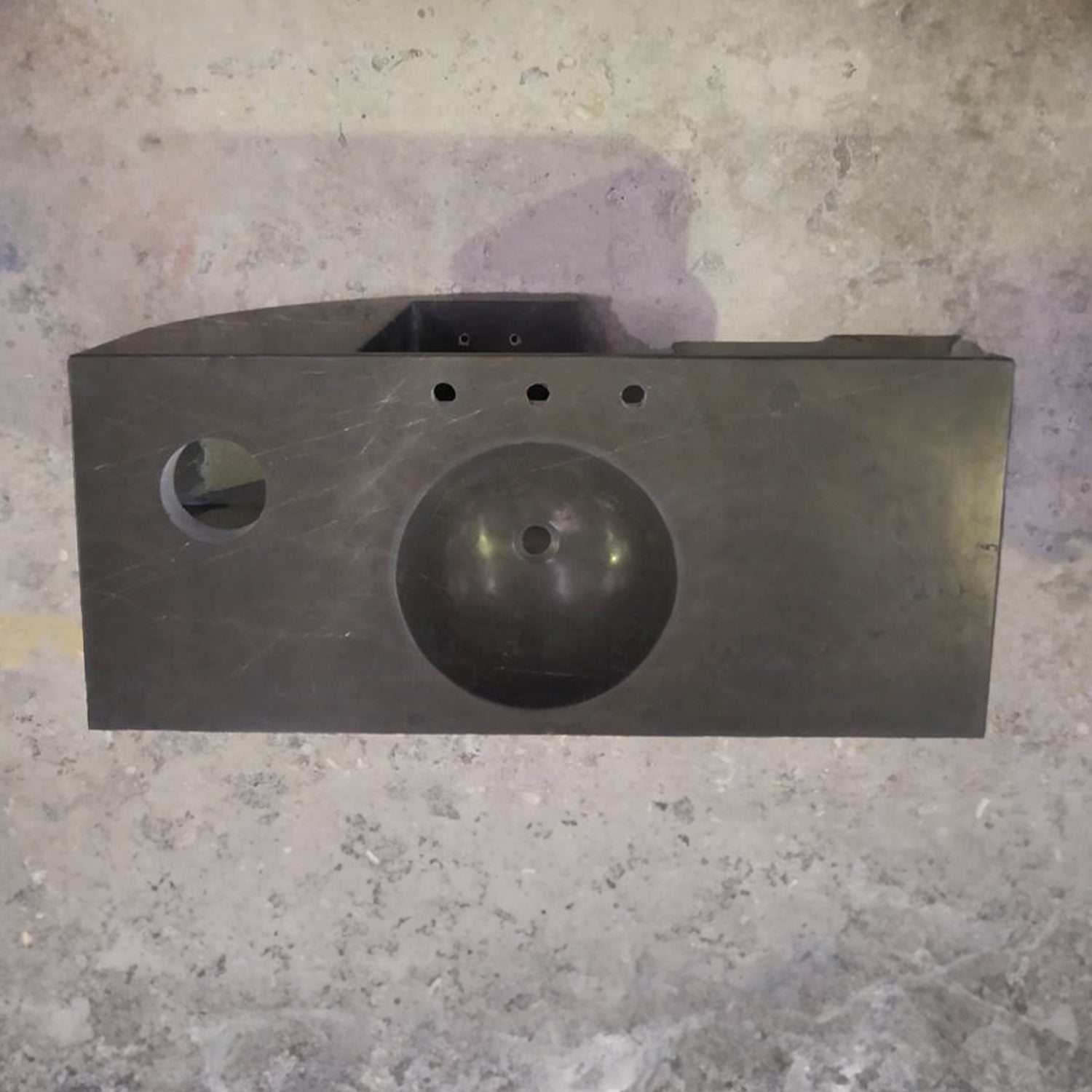 Top View of Custom Pedestal Sink in  Marquina Taupe marble with integral oval sink
