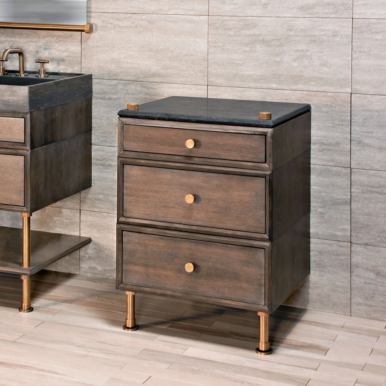 Stone Forest Elemental Classic Side Table in aged brass and antique gray limestone. 