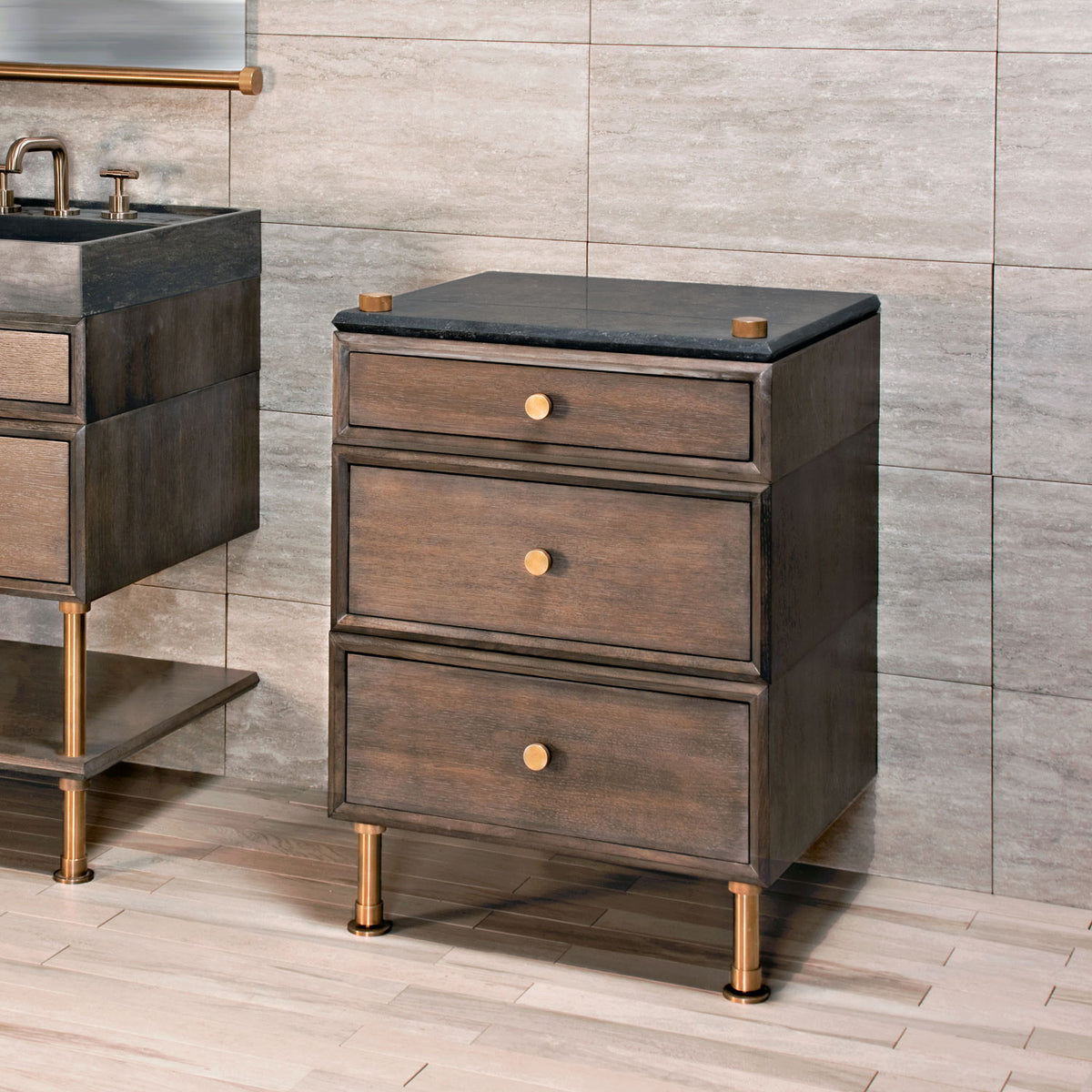 Stone Forest Elemental Classic Side Table in aged brass and antique gray limestone.  image 2 of 3