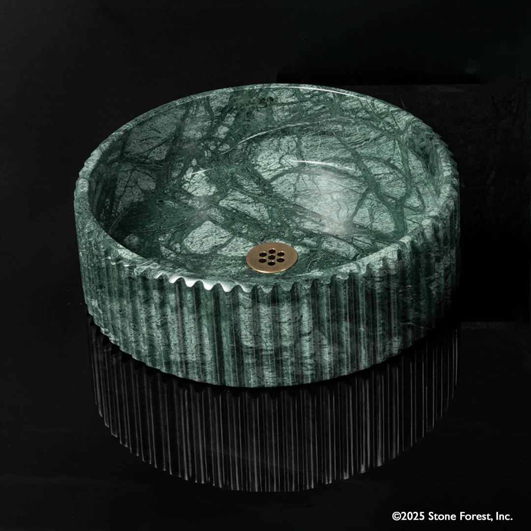 Round Fluted Vessel Sink in verdi indio marble