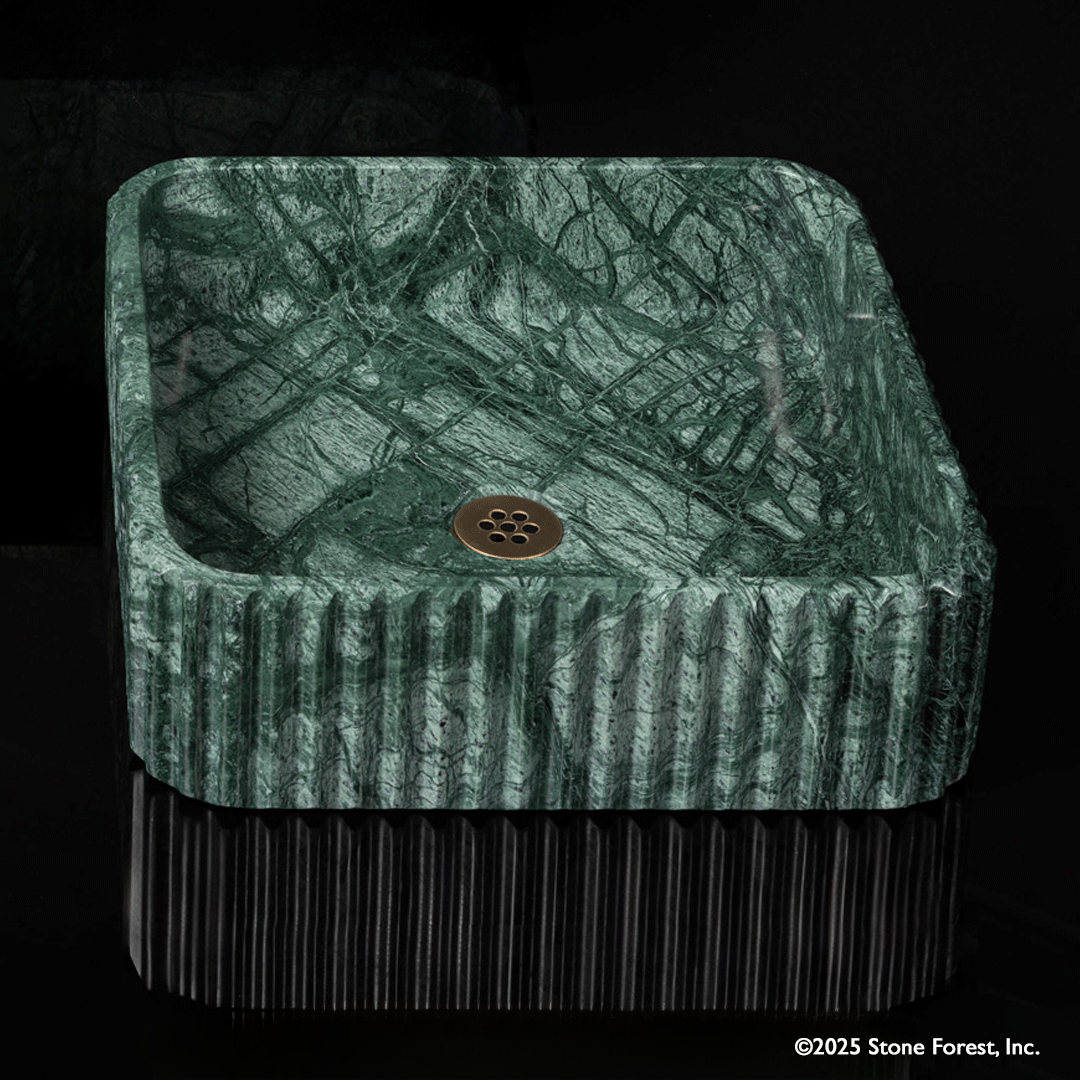 Square Fluted Vessel Sink in verdi indio marble