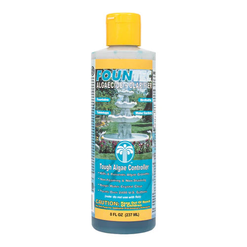A bottle of water treatment for fountains,  labeled 'Fountec' for algae 