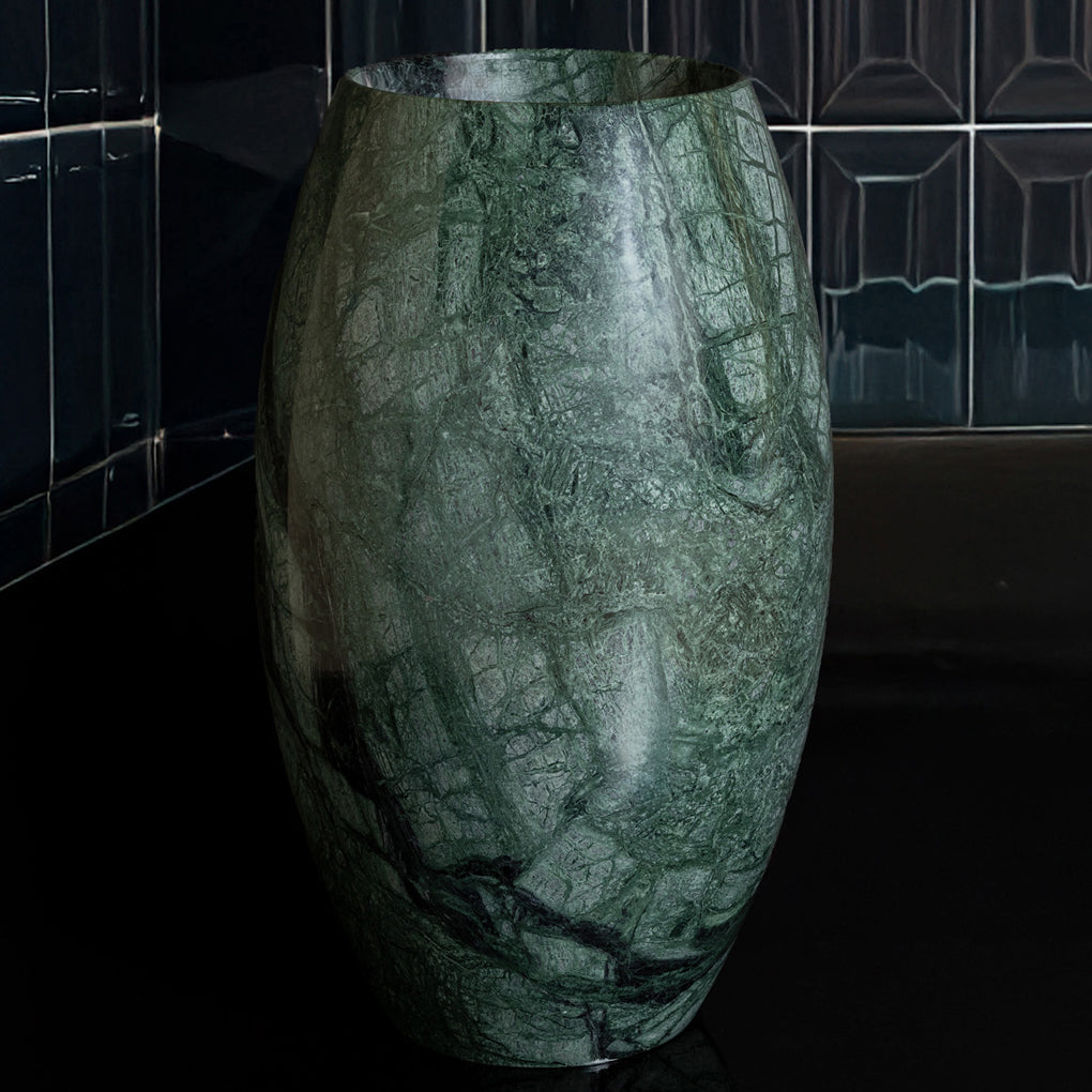 Barrel pedestal sink in verde indio marble