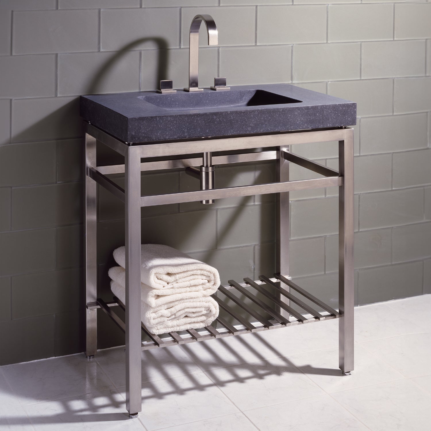 31.5" wide x 20" deep x 3" thick wide IVG Slab Vanity in Honed Basalt with Stainless Steel Vanity with shelf