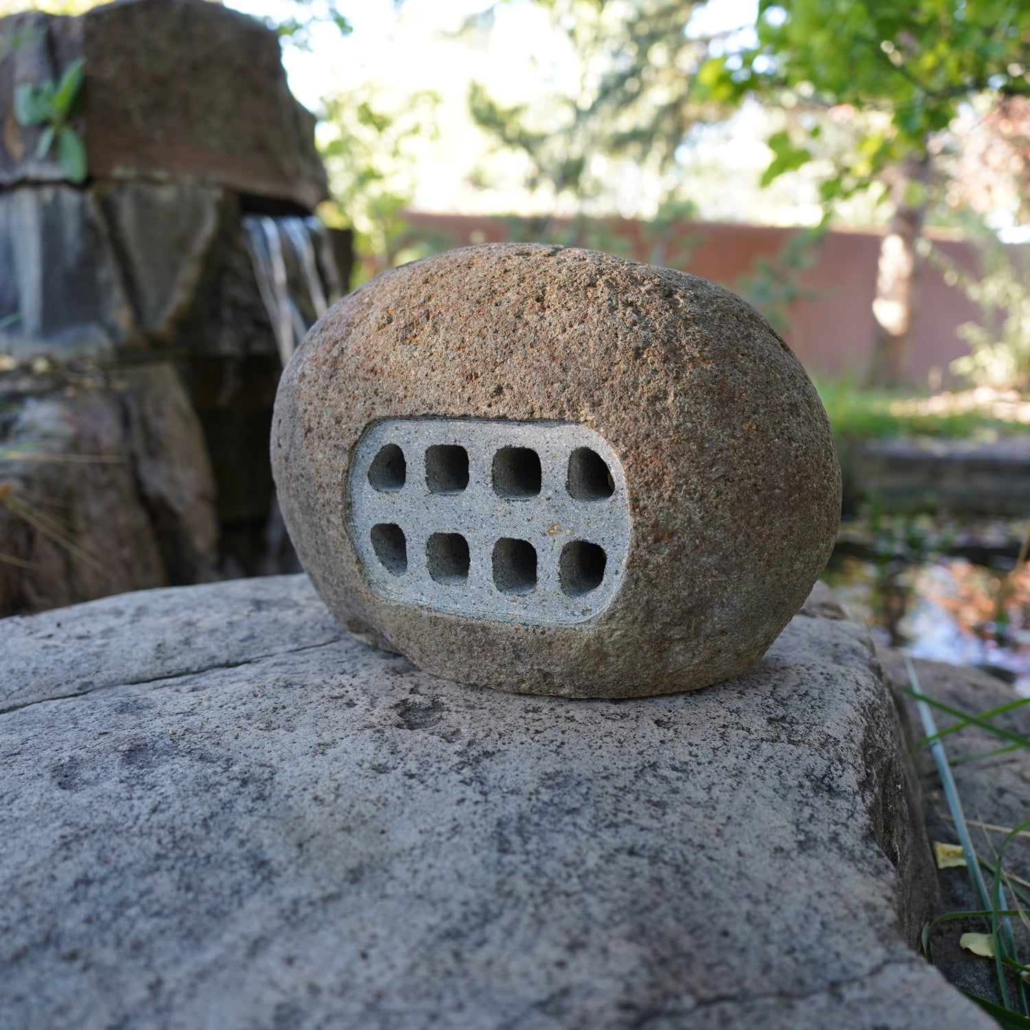 Ishi Lantern with light carved stone window side 