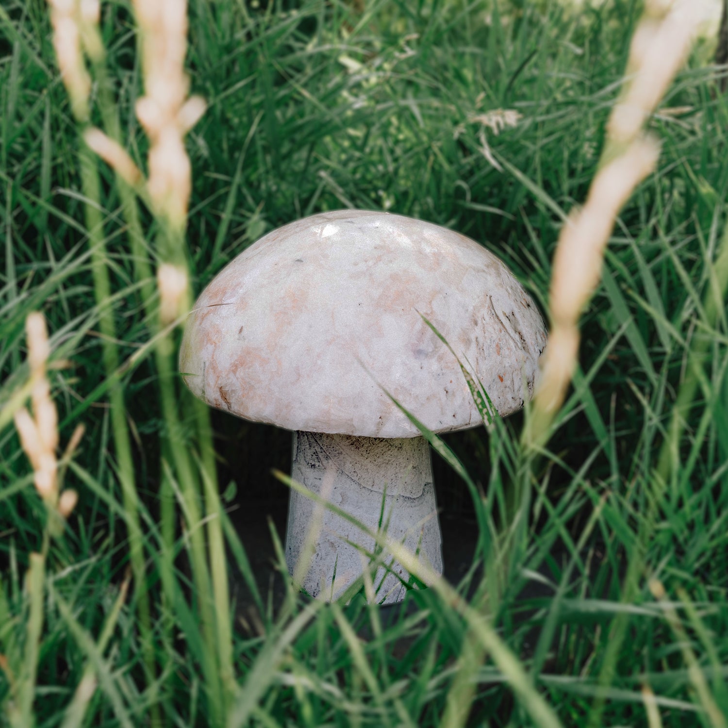 A garden mushroom carved from onyx, placed in a garden setting.