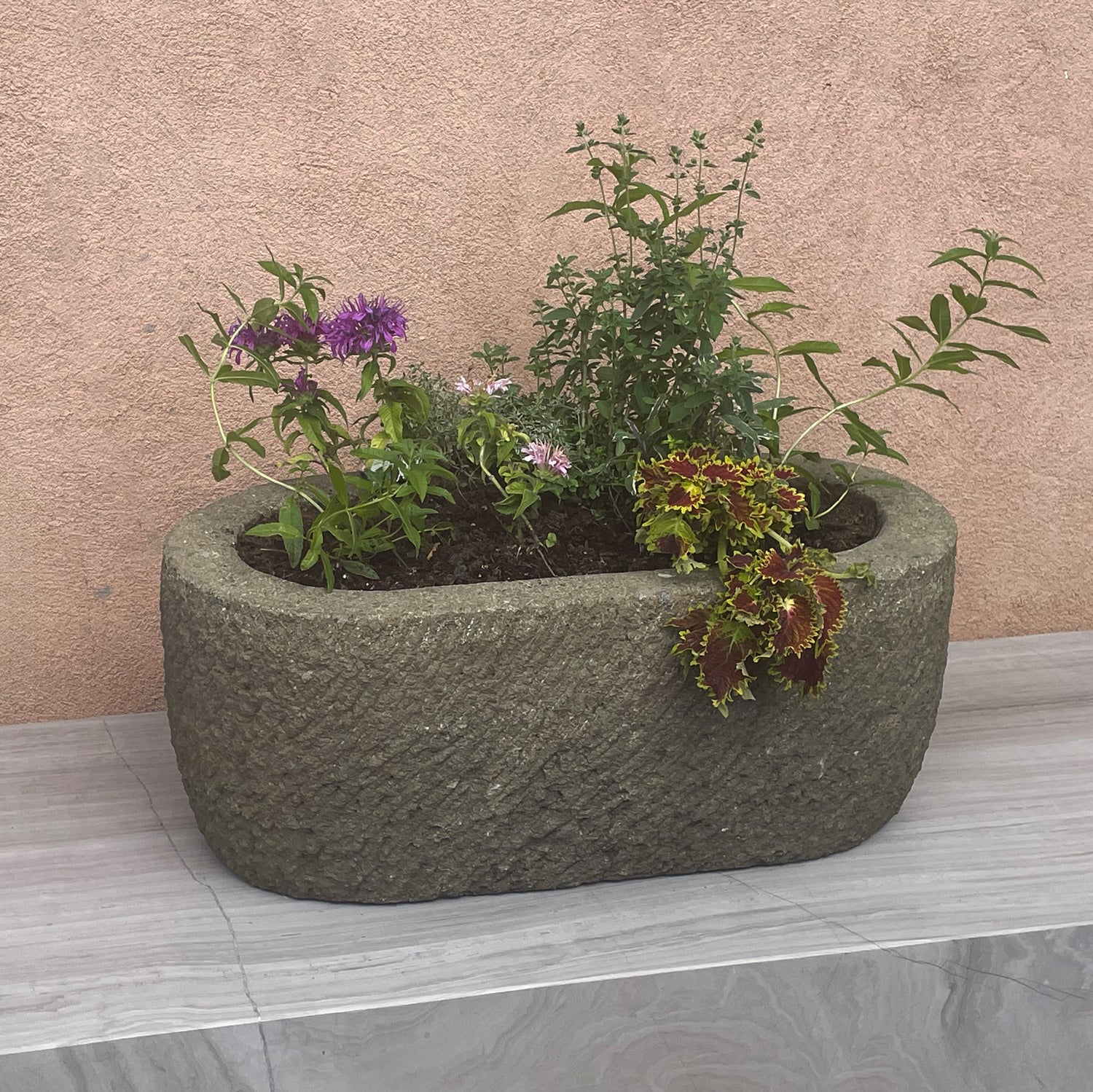 Stone planter with plants on astone surface against a beige wall