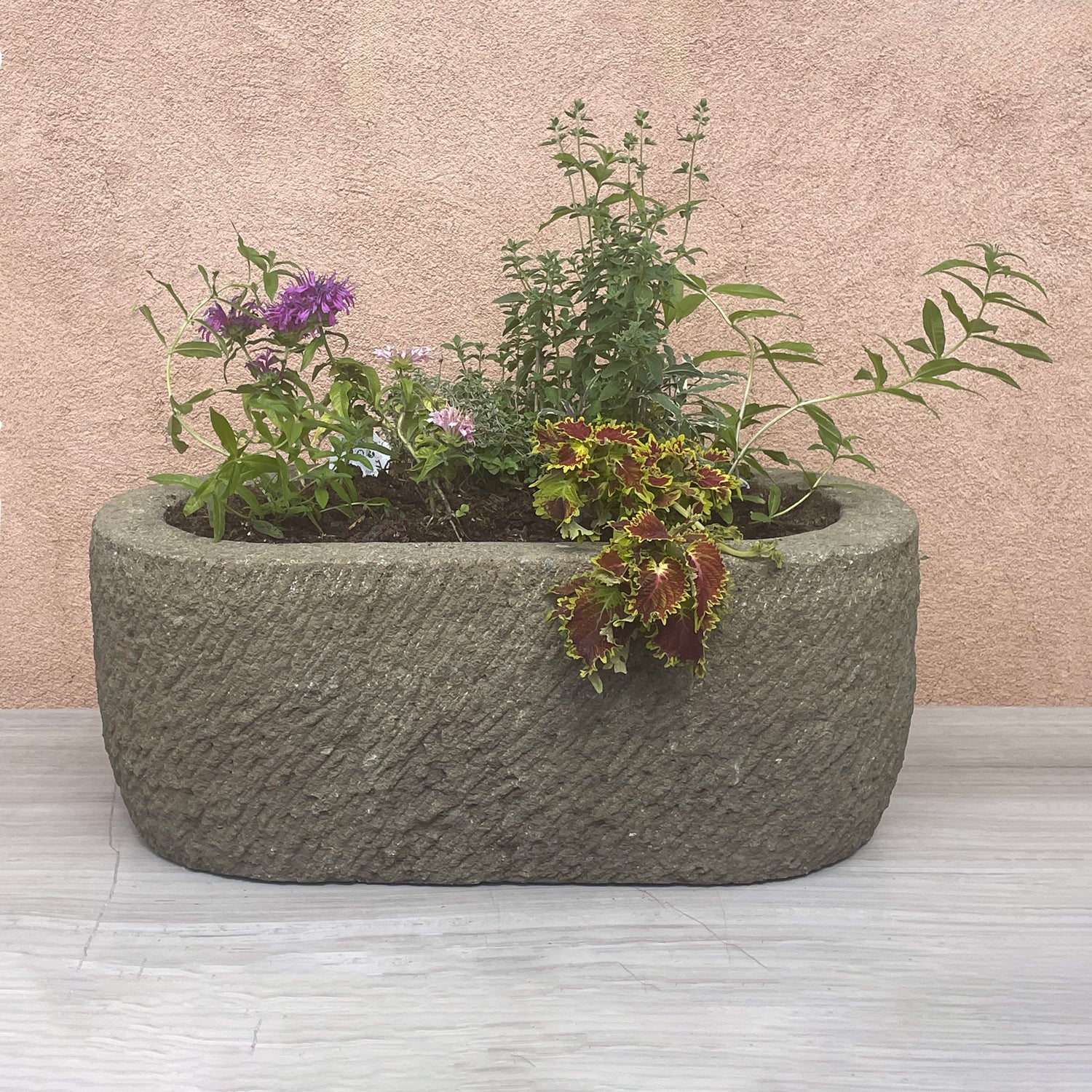 Decorative stone planter with plants against a beige wall.