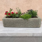 Rectangular stone planter with plants on a marble surface against a beige wall.