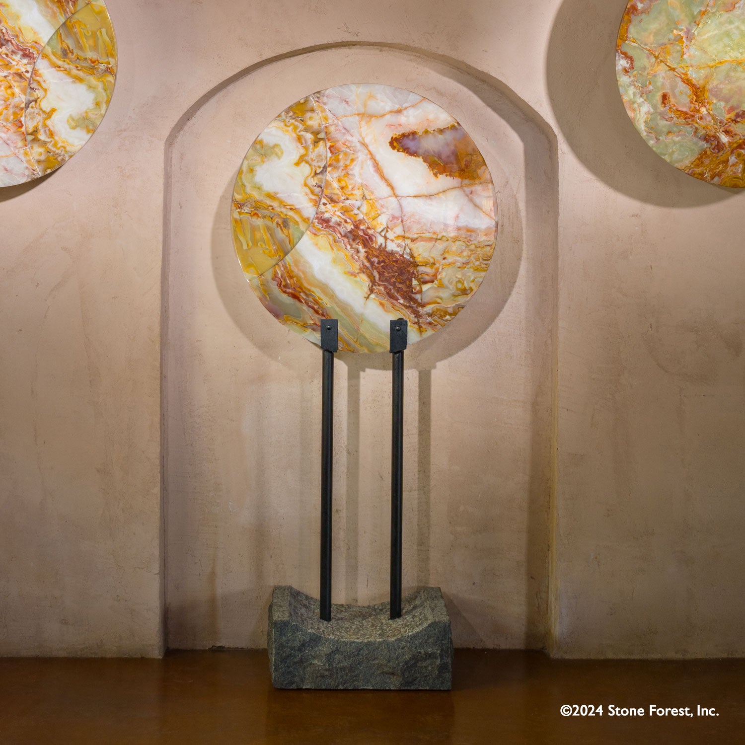 These gallery-worthy hanging sculptures are carved from blocks of premium multi-color onyx with a high-polish finish and feature a crescent design on one side.