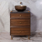 Elemental Classic Vessel Vanity with Split Drawers  in aged brass, walnut and antique gray limestone