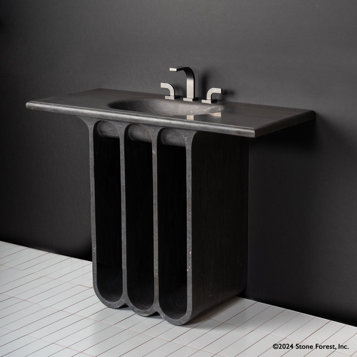 Portico Pedestal Bath Sink carved from antique gray limestone