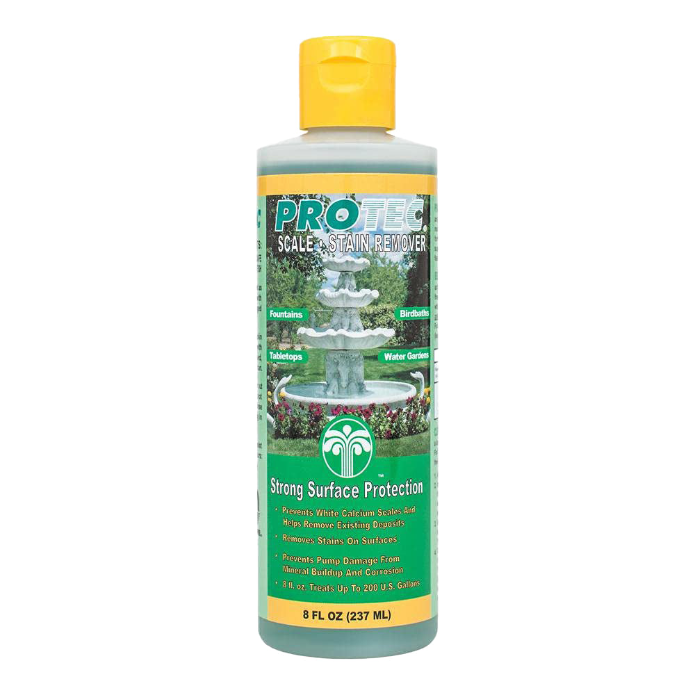 A bottles of water treatment for fountains, one labeled 'Protec' for mineral deposit treatment