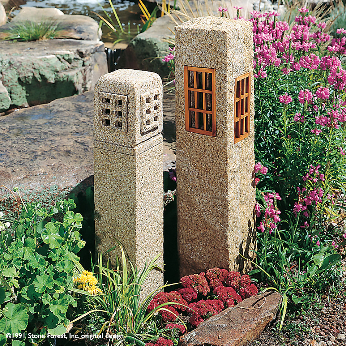 Stone Forest Rough Post Lanterns are carved out of beige granite with a rough chiseled finish, accented by wood windows.   Post Lanterns are carved out of beige granite with a bush-hammered finish, accented by stone windows image 2 of 2