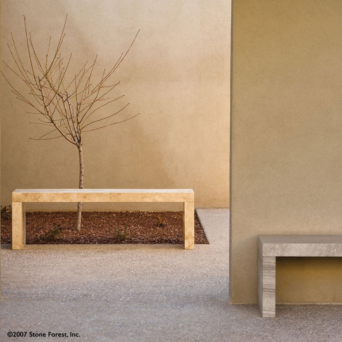 The Sierra Bench is a  contemporary piece made of three solid stone slabs joined together using mortise and tenon-style joints. Carved from Travertino Romano, which is a type of travertine, or Serpeggiante marble.  image 1 of 3