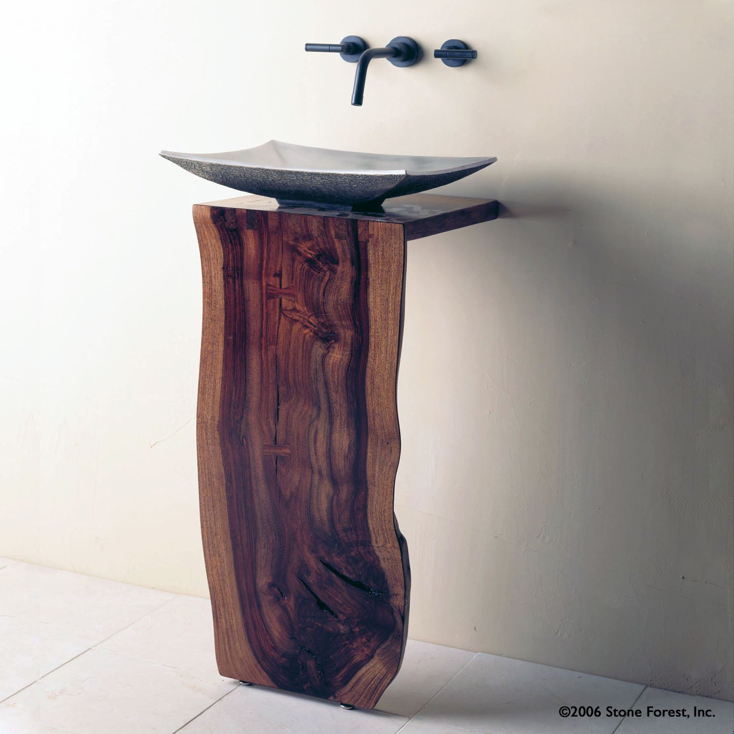  L-Slab Pedestal  sustainable hardwood with white bronze Zen vessel sink