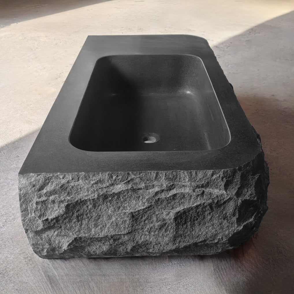 Custom Black granite Vanity sink with rough chiseled front and sides - top side view