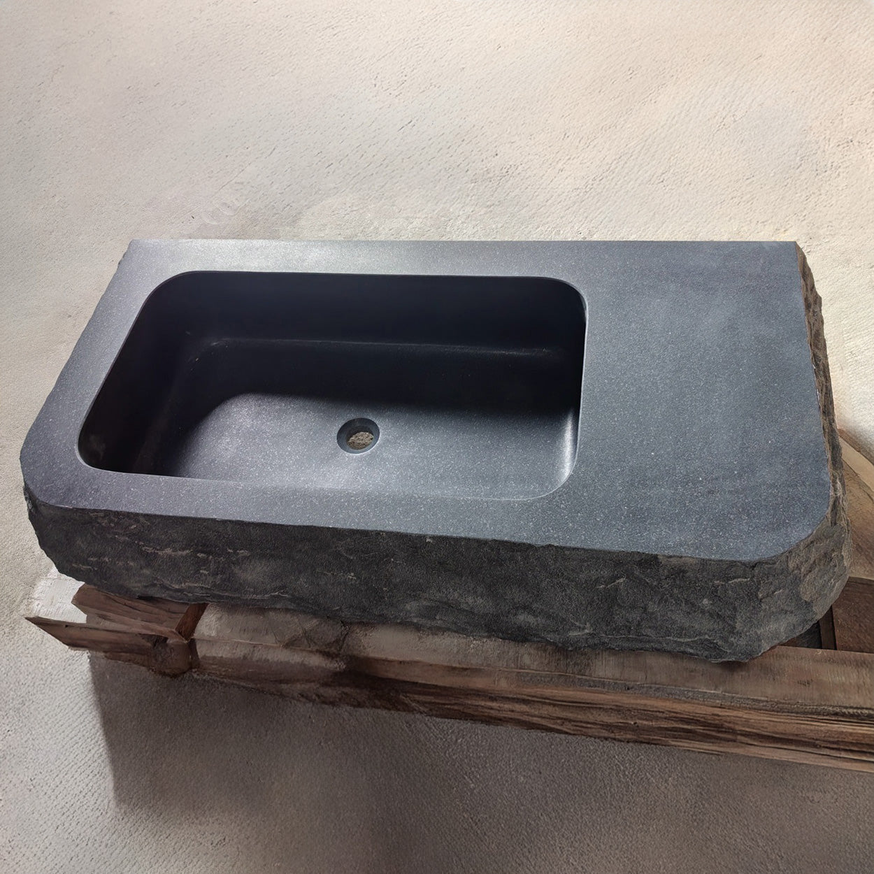 Custom Black granite Vanity sink with rough chiseled front and sides - top view