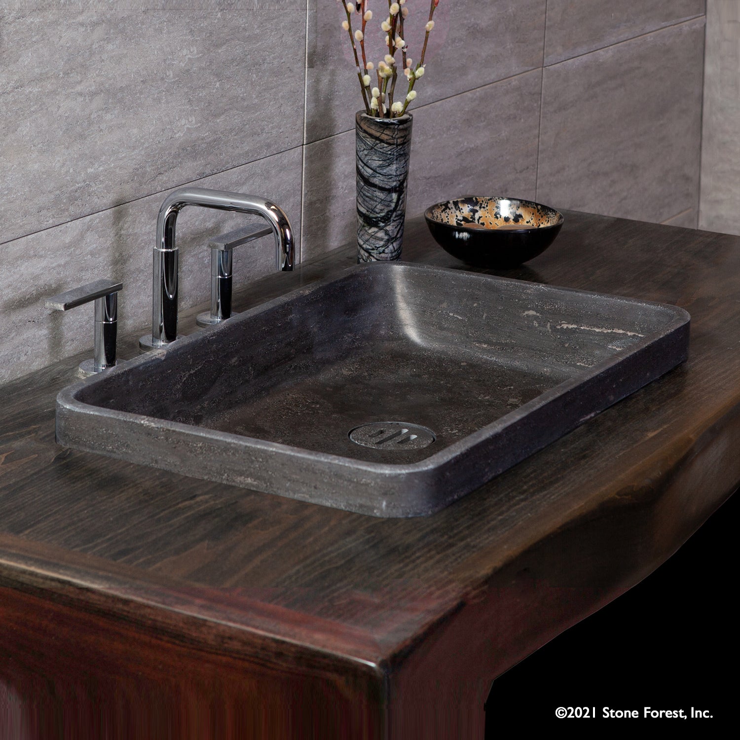 Contour rectangular drop in bath sink in antique gray limestone