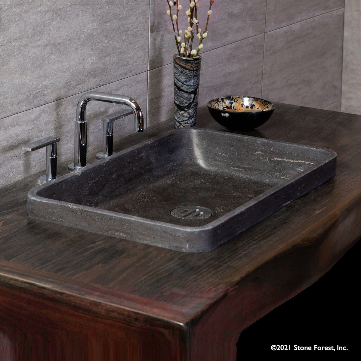 Contour rectangular drop in bath sink in antique gray limestone image 2 of 2