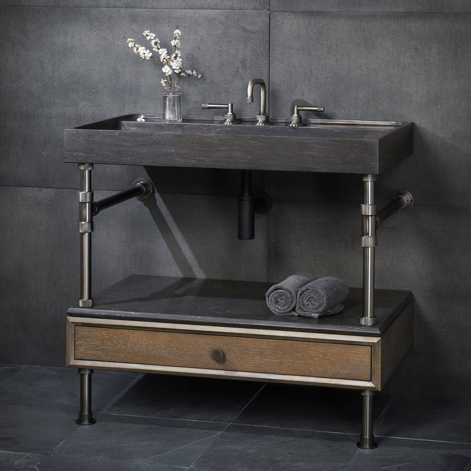 Ventus Bath Sink with Faucet Deck in antique gray limestone paired with Elemental Classic Drawer Vanity in graphite with matching stone Shelf Cap