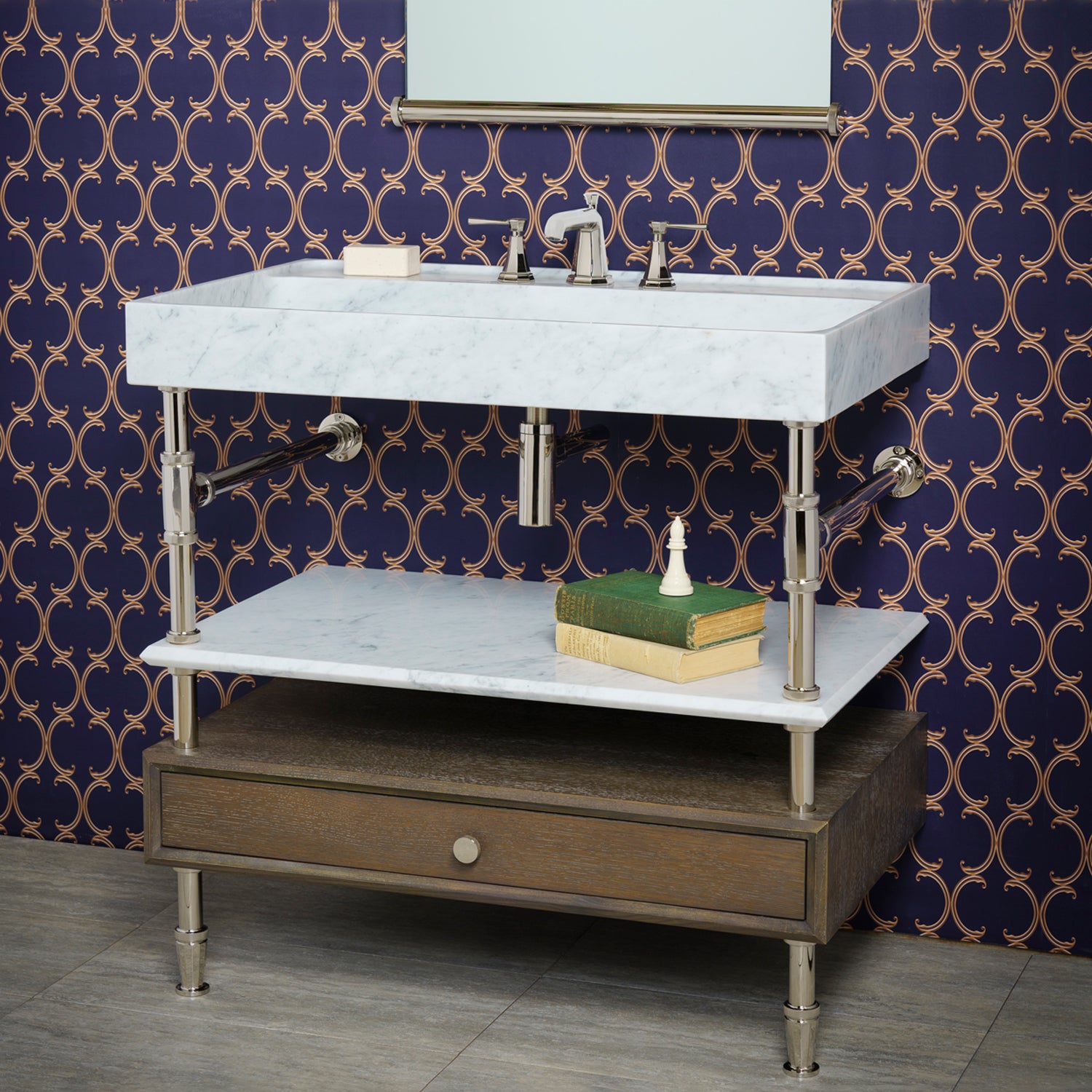 Ventus Bath Sink with Faucet Deck in carrara marble paired with Elemental Facet Console Vanity with Stone Shelf in polished nickel