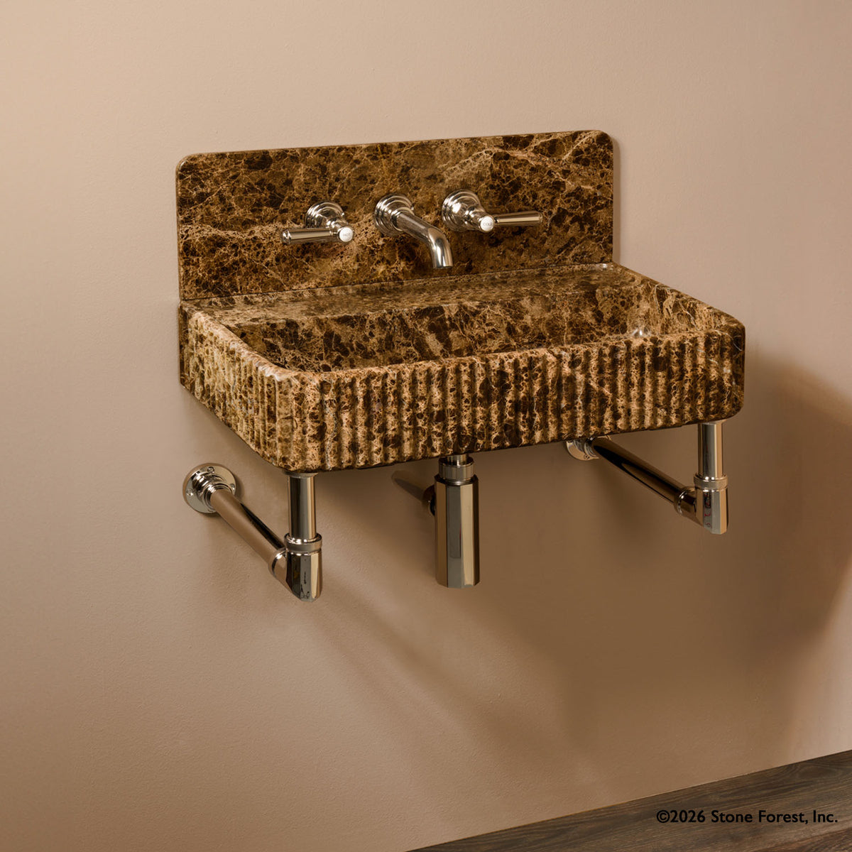 Wall mounted Fluted Lumbre bath sink in Emperador Marble image 1 of 3