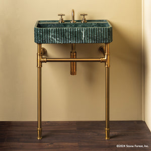 Fluted Lumbre Bath Sink carved from Verde Indio Marble on top of an Aged Brass  Elemental  Facet Crossbar Stand image 1 of 4
