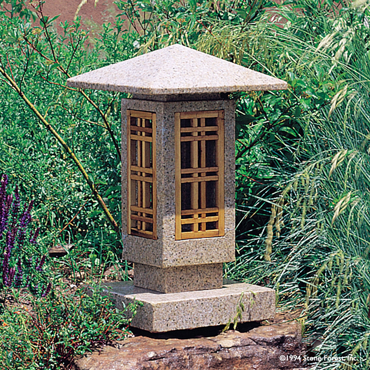 Craftsman Lantern: A Stone Forest original contemporary Japanese-style stone lantern carved from beige granite with wood windows.