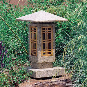 Craftsman Lantern: A Stone Forest original contemporary Japanese-style stone lantern carved from beige granite with wood windows. image 1 of 2